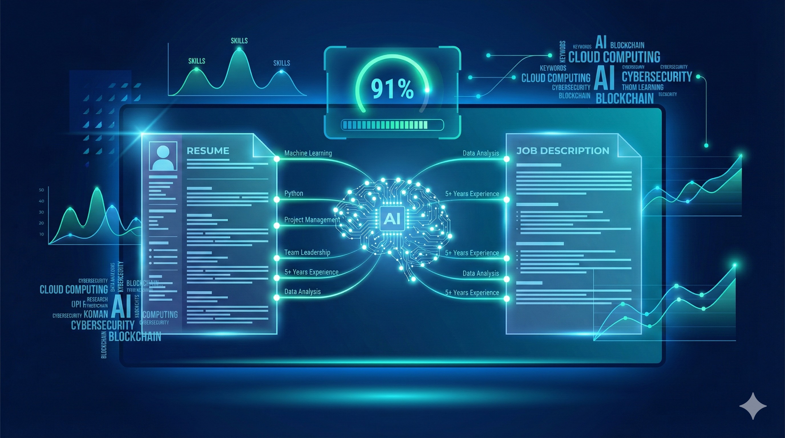 Futuristic interface showing an AI analyzing a resume and job description side by side with optimization scores