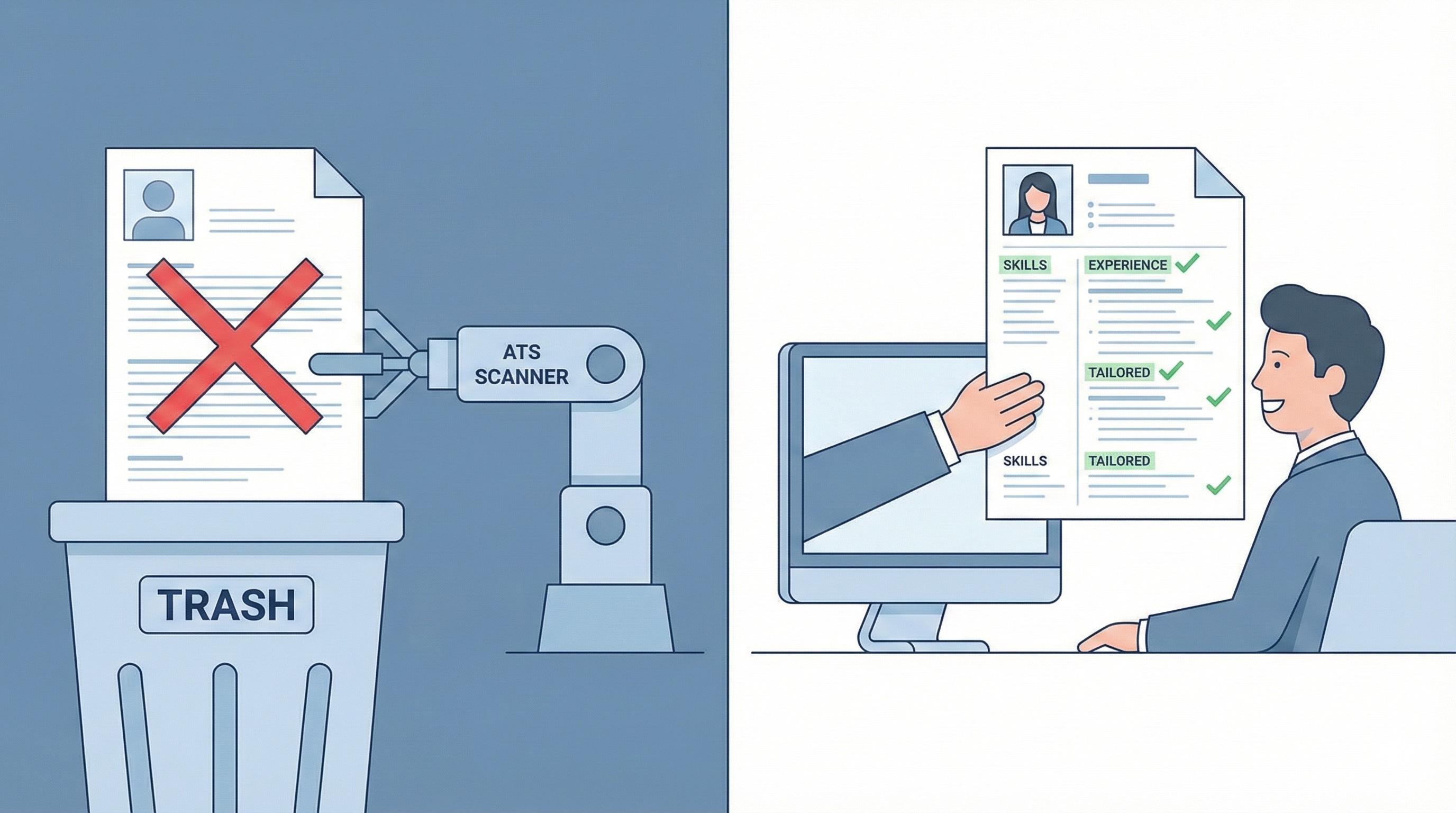 Side-by-side comparison of a generic resume being rejected by ATS versus a tailored resume reaching a hiring manager